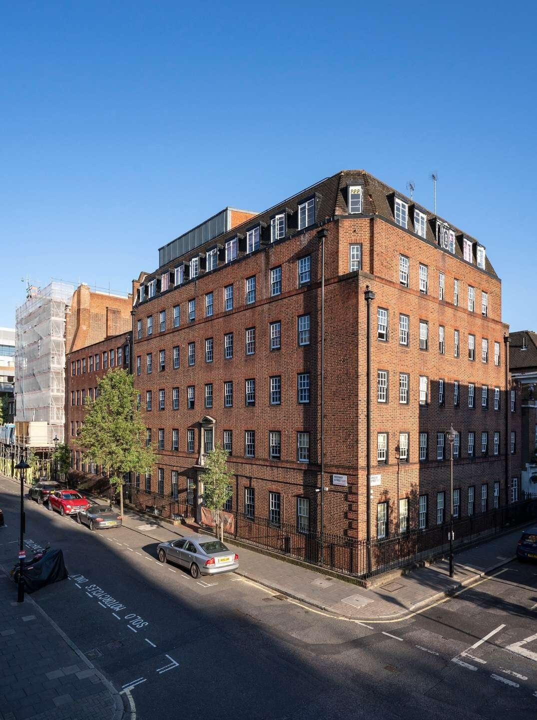 Exterior of Louise House student accommodation at the corner of Medway Street and Arneway Street in Westminster, London